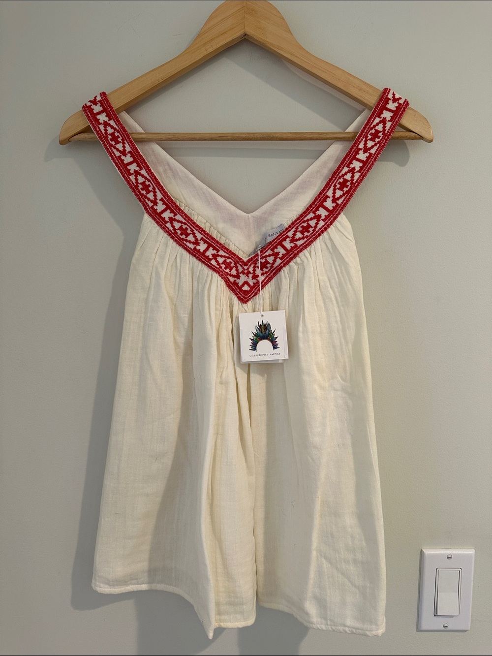 NWT Christophe Sauvat Cream Boho V-Neck Tank with Red Embroidered Trim